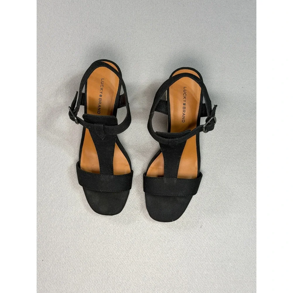 Lucky Brand Millinda T-Strap Espadrille Wedge Sandals Womens Black 7.5 Boho